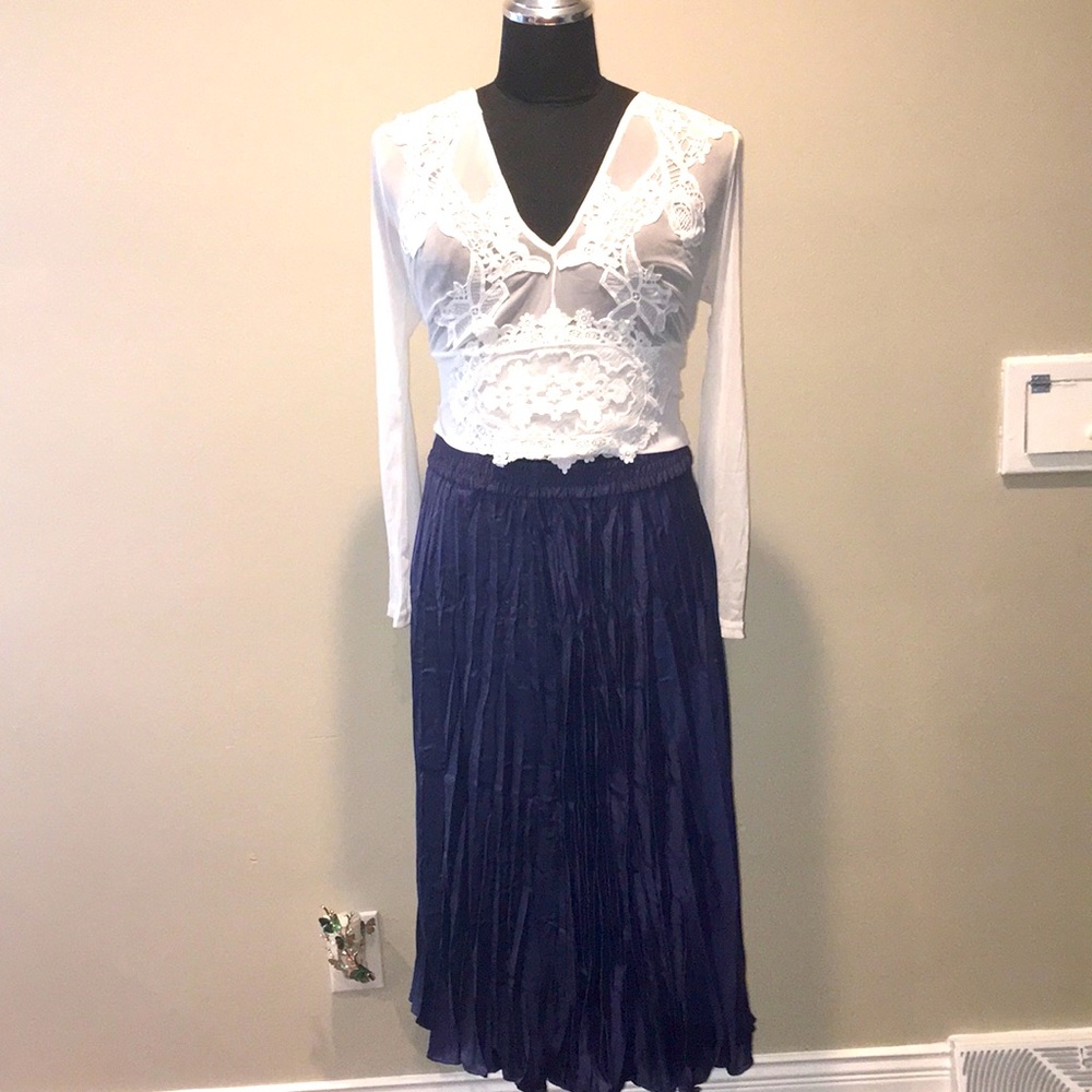 Time and Tru Navy Pleated Midi Skirt